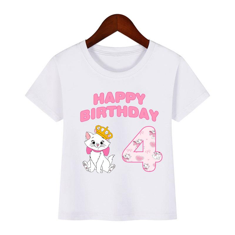 Cute Marie Cat Print Cartoon Girls Clothes 1 2 3 4 5 6 7 8 9 Years Happy Birthday Kids T Shirt Baby Boys Children T-Shirt Gift