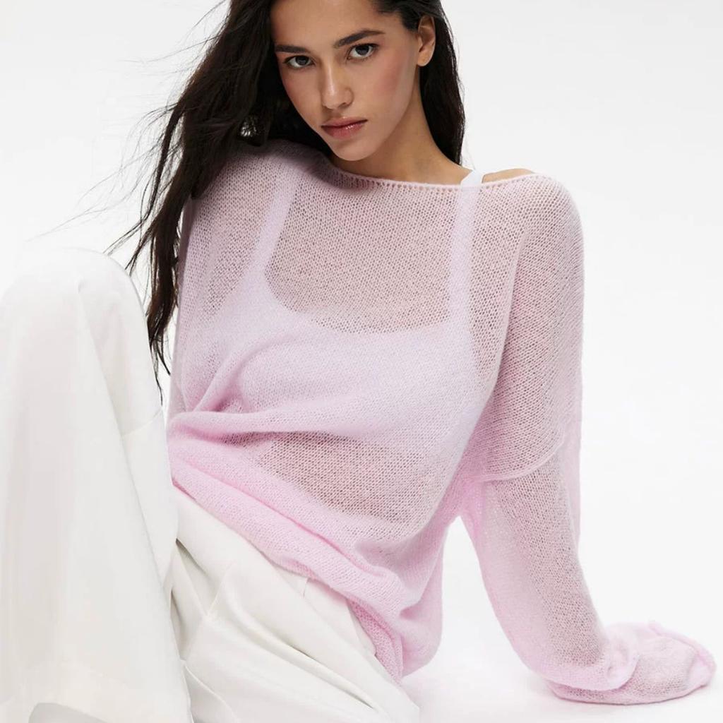 Hollow Knit Sweater Spring and Summer Women's Perspective Thin Section Big Round Neck Flared Sleeve Knitted T-shirt