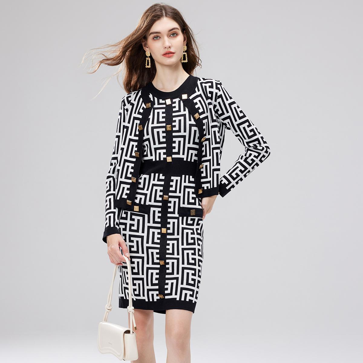 

Осень-зима Бренд Дизайнерские принты Подиумные наряды Женский вязаный свитер без рукавов Платье-футляр и однобортный жакет Пальто Комплект из двух предметов One Size чёрный