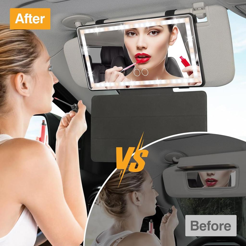 Car Sun Visor Vanity Mirror With Protective Cover, Rechargeable LED Visor Mirror With 3 Light Modes Touch Control, Universal Sun Visor Makeup Mirrors