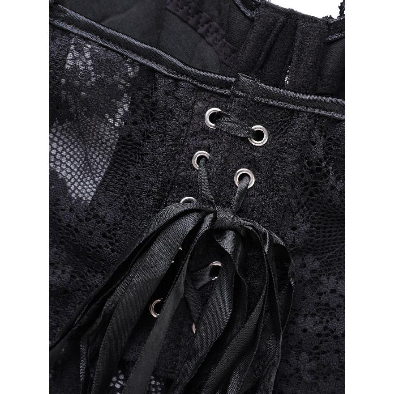 Spitzen-Schleifenband Korsett-Oberteil durchsichtiges Netz Bustier Crop-Top mit Stäbchen für Damen