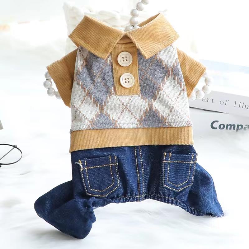 Plaid Shirt With Denim Pants Vest Overall For Dog Autumn Winter Pet Fashion Clothes Set For Small Medium Animal Chihuahua Yorkie