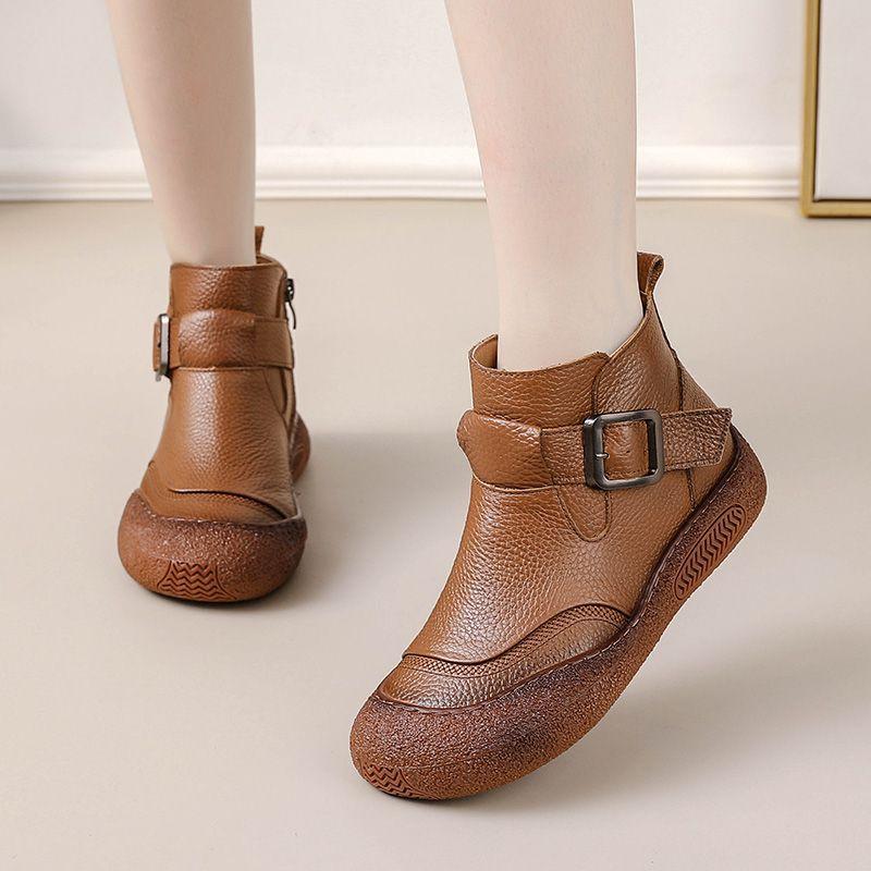 2026 New Women's Ankle Boots Retro Lace-up Round Toe Flat Shoes Female Warm Non-slip Comfortable Mom Short Boots