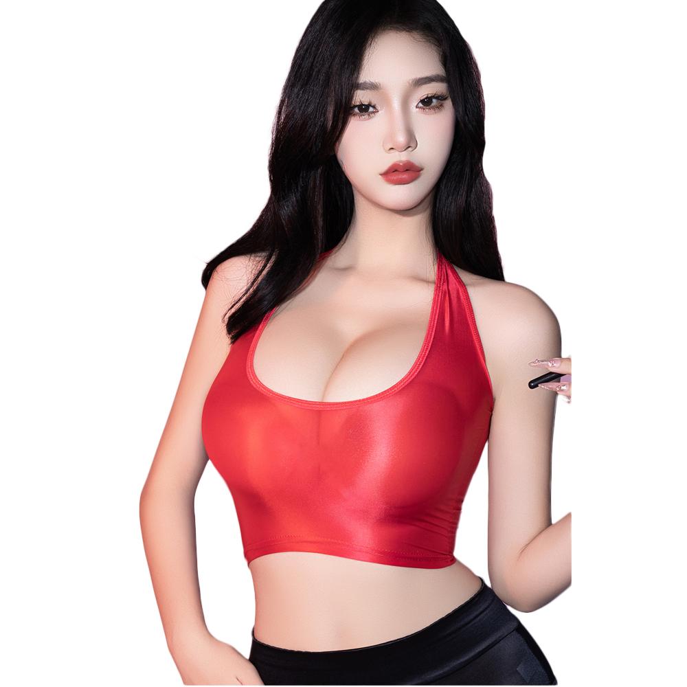 Sexy Women Oil Glossy Shiny Tank Top Stain Smooth Short Vest Backless Crop Tops Elastic Tights Sweet Girl Dance Wear