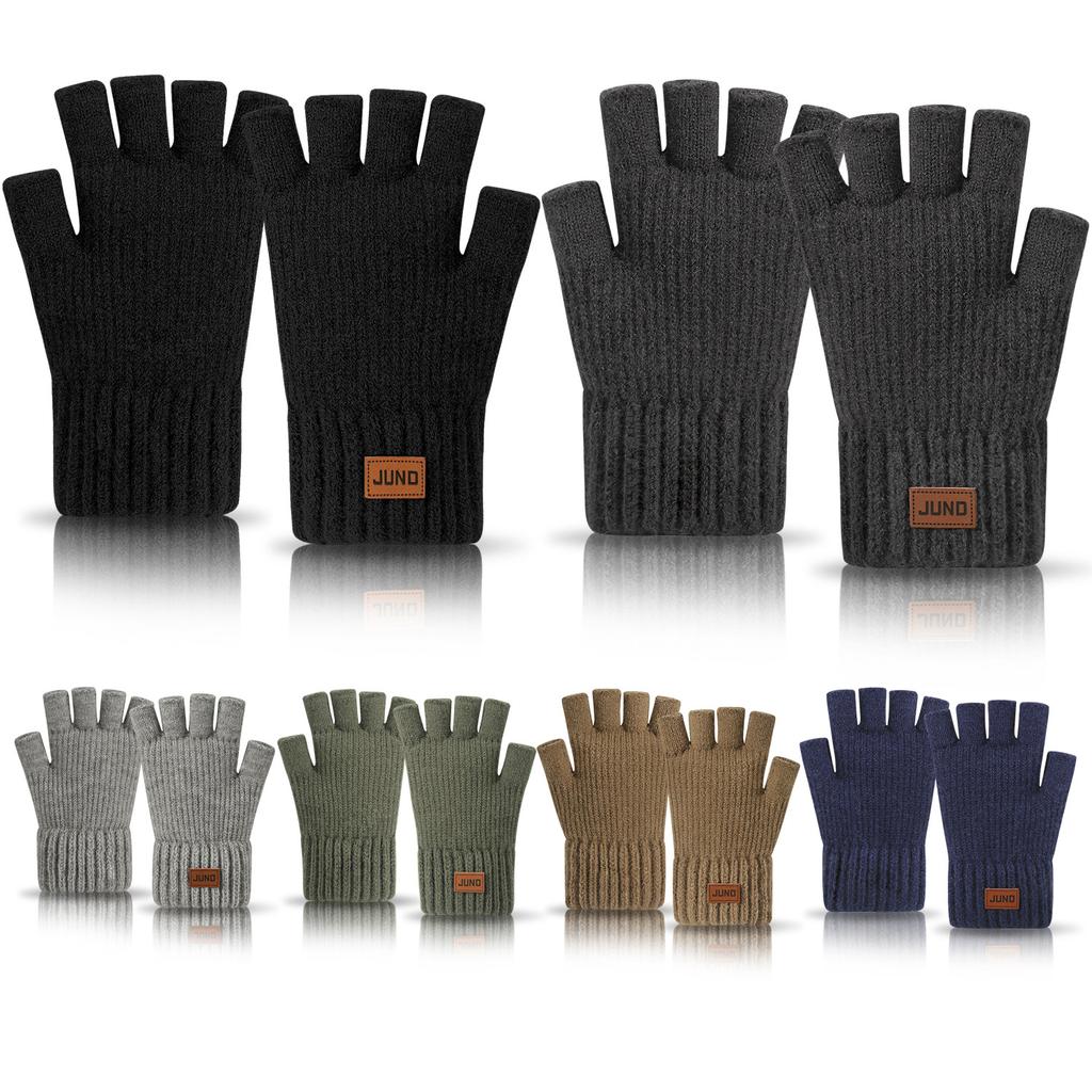 Thickened Half Finger Gloves In Autumn and Winter Plus Velvet Knitted Cold and Warm Half Part Writing Yarn Leaking Finger Gloves