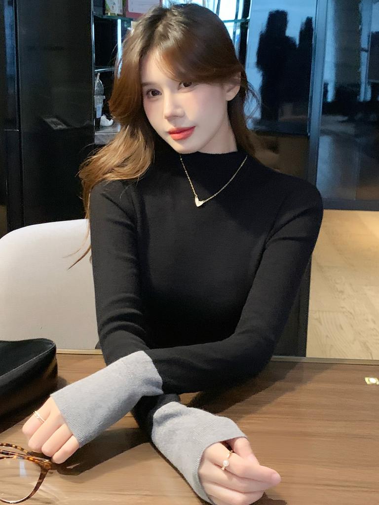 Fake Two-piece Contrasting Sweater Women's Knitted Sweater Autumn and Winter New Slim-fit Stacked Inside Top Temperament Bottoming Shirt