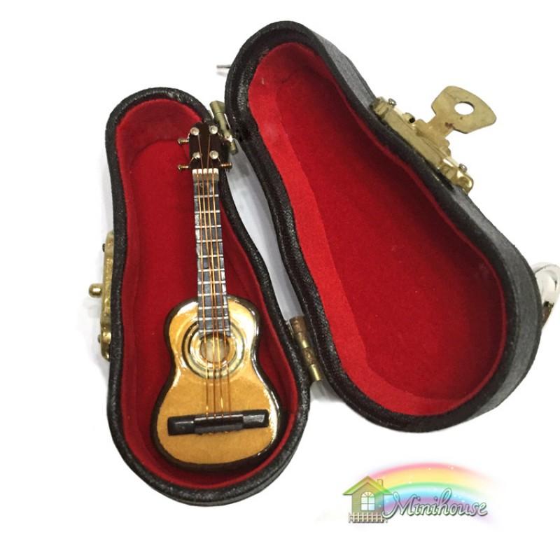 1:12 Scale Miniature Wooden Guitar With Leather Case Dollhouse Decor Realistic Musical Instrument Model Collectors