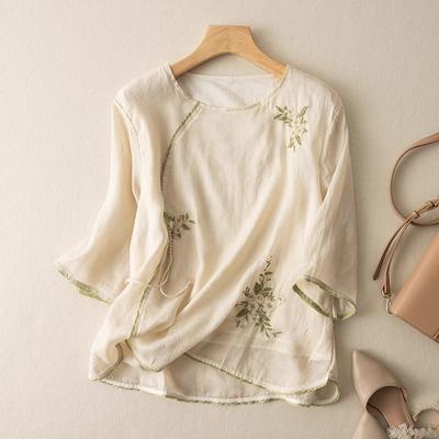 Cotton and Linen Literary and Retro Five-quarter-sleeved Short-sleeved Top, Exquisite Embroidered T-shirt, Summer New Versatile Women