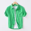 L990 Men's Minimalist Cotton Linen Square Neck Short Sleeve Shirt, Solid Color
