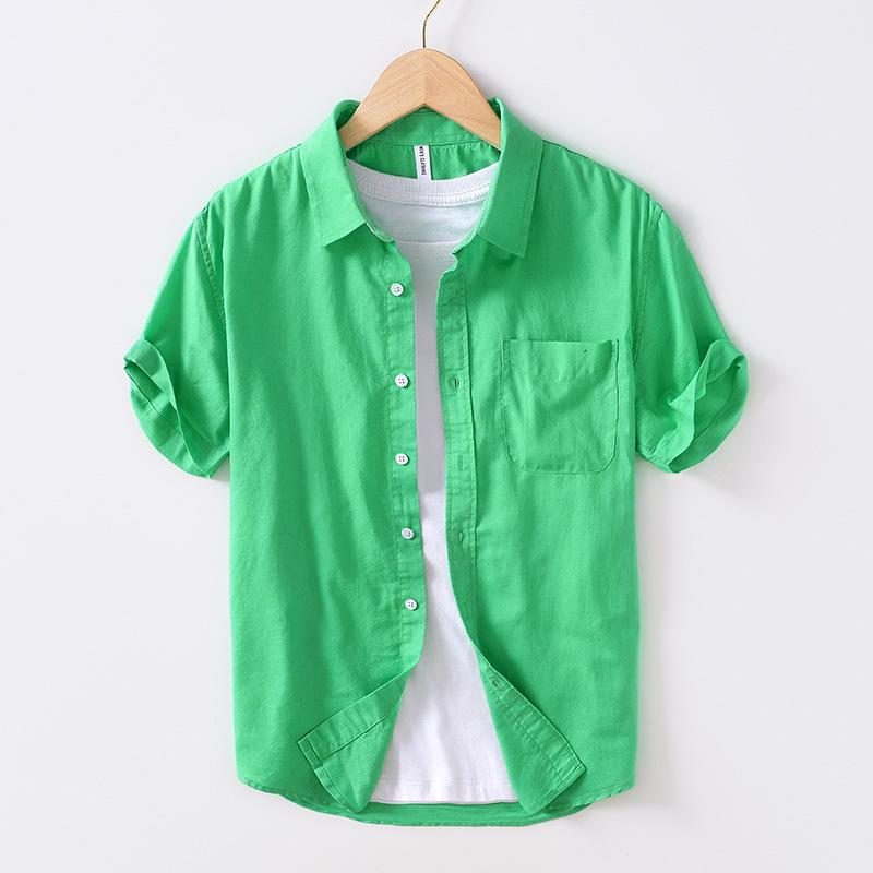 L990 Men's Minimalist Cotton Linen Square Neck Short Sleeve Shirt, Solid Color