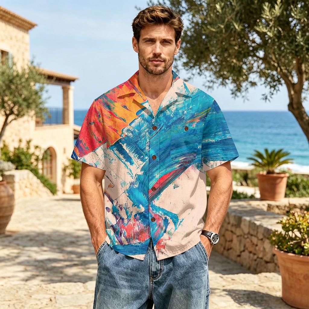 Mens Short Sleeve Casual Shirt Cotton Linen Button Down Collared Top Lightweight Breathable Summer Shirt