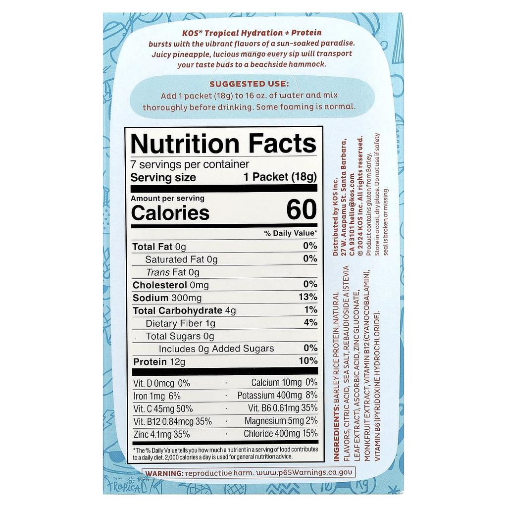 Kos Hydration + Protein, Refreshing Drink Mix, Tropical, 7 Packs, 18g (0.65oz) Each