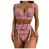 Women's Sexy  Lace Flower Embroidery Underwear Sexy Three-piece Suit With Steel Ring