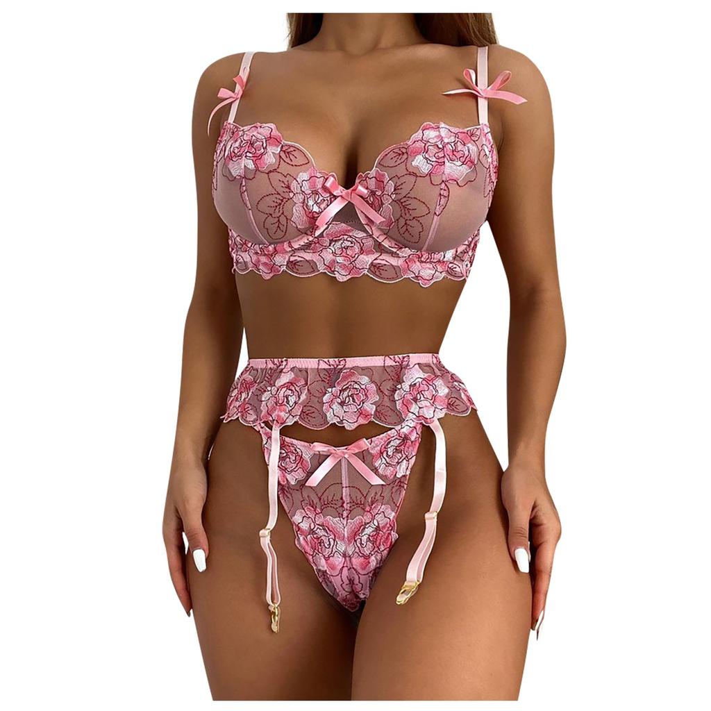 Women's Sexy  Lace Flower Embroidery Underwear Sexy Three-piece Suit With Steel Ring