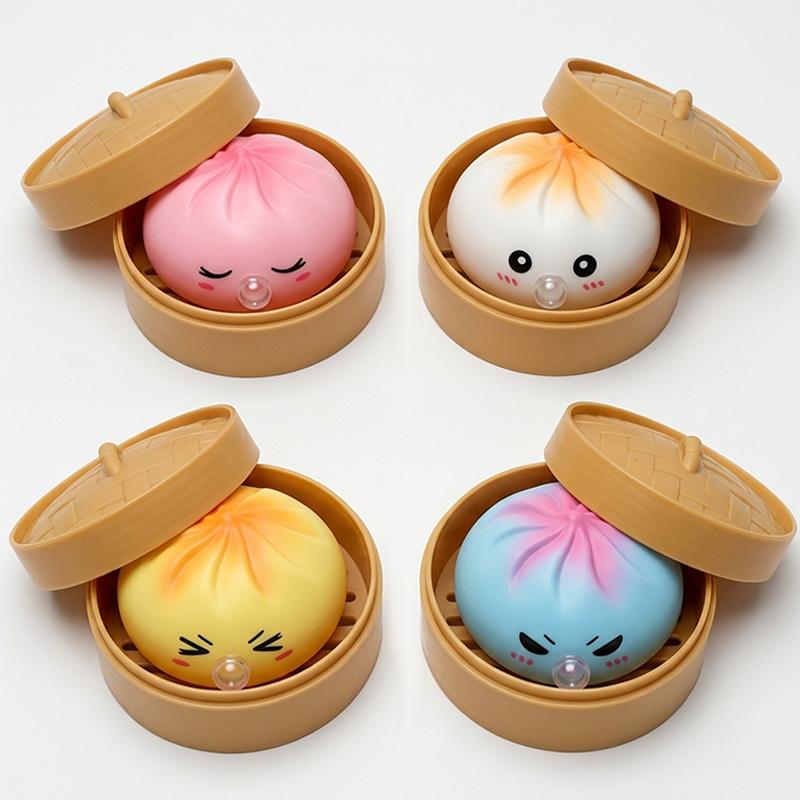 1/4Box Dumpling Squeeze Blow Bubbles Toy Dumpling Squishies Set With Steamer Bubble-Blowing Squishies Stretchy Fidget Sensory