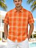 Printed Design – Not Textured Men's Casual Short-Sleeve Lapel Shirt, Orange Plaid Men's Short-Sleeve Shirt, Summer Vacation Style Lapel Casual Shirt