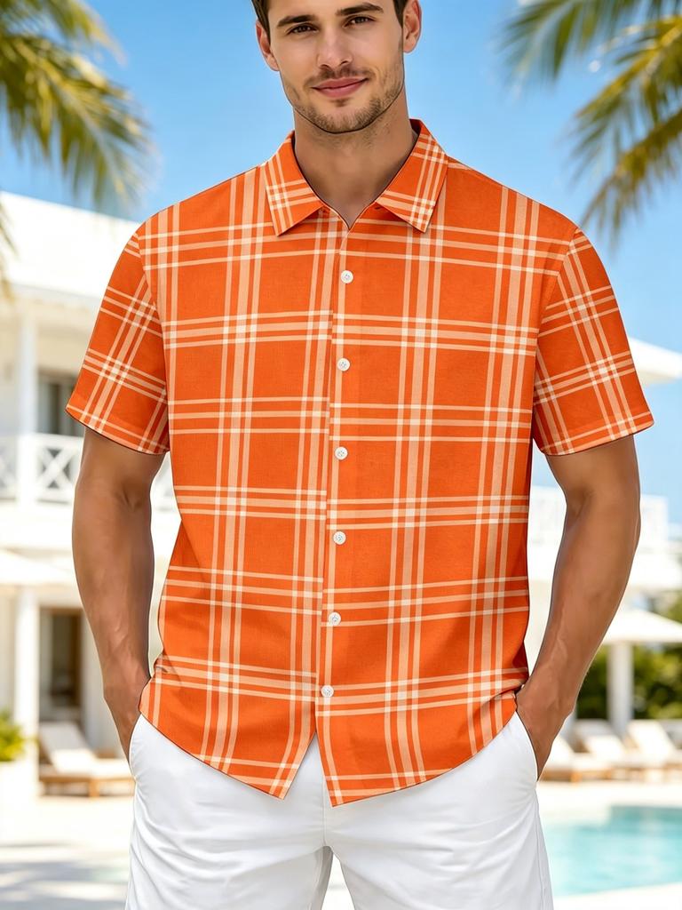 Printed Design – Not Textured Men's Casual Short-Sleeve Lapel Shirt, Orange Plaid Men's Short-Sleeve Shirt, Summer Vacation Style Lapel Casual Shirt