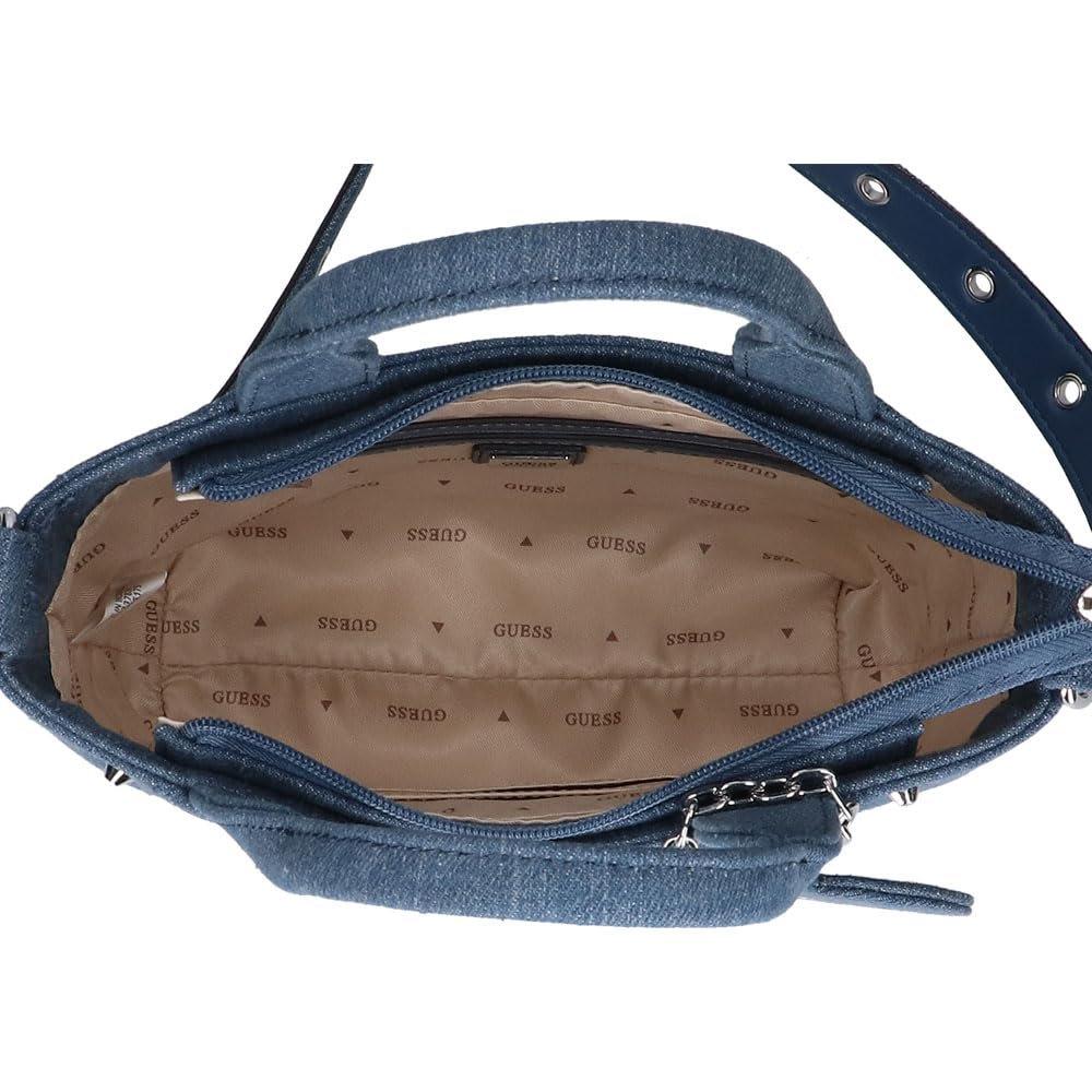 GUESS SASHA Mini Denim Tote Bag DY975175 DEN with Heart Pouch Charm, 2WAY Crossbody and Shoulder Handbag