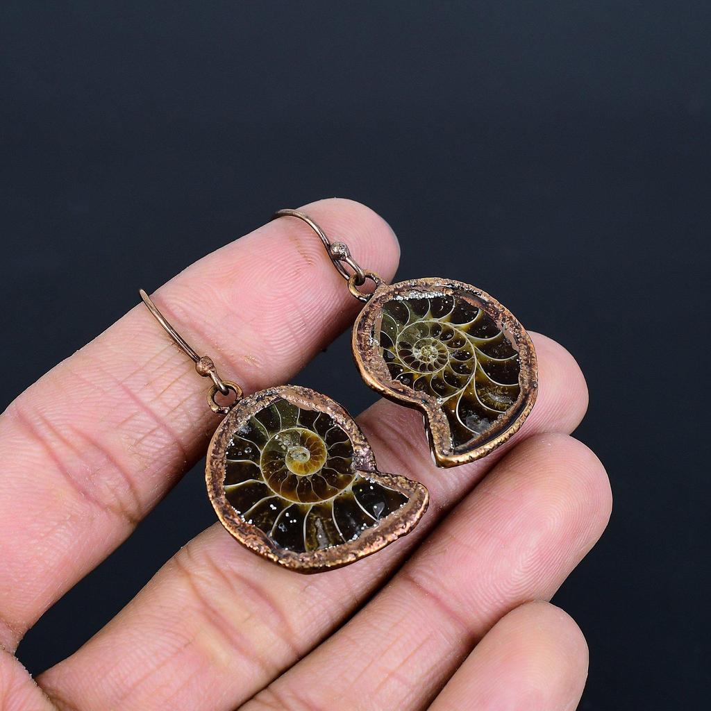 Ammonite Fossil Earrings Gemstone Jewelry, Copper Electroformed Earrings, Gift For Women Handmade Earrings