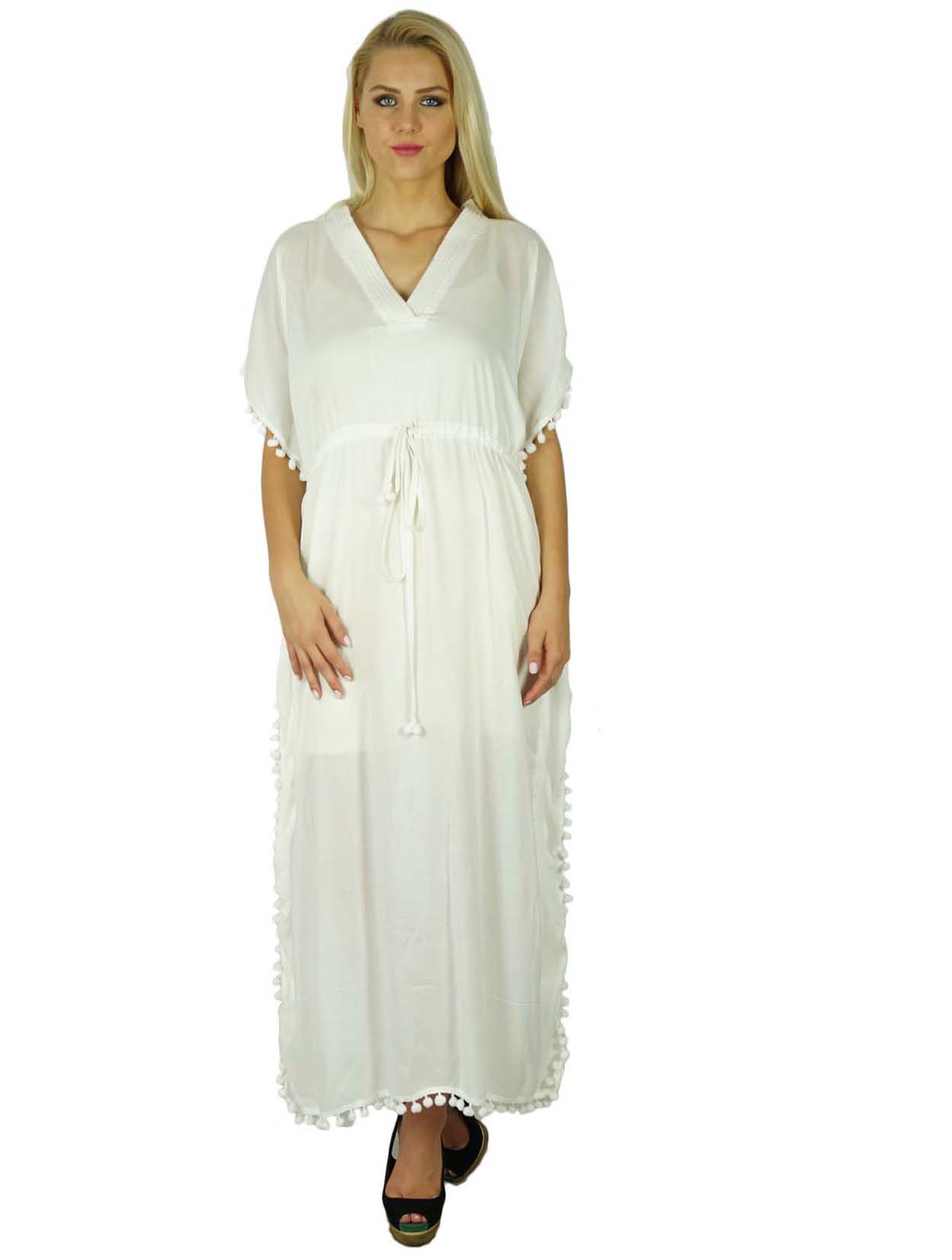 

Bimba Women Cotton Long Kaftan With Pom Pom Tassels Maxi Caftan Beach 8 білий