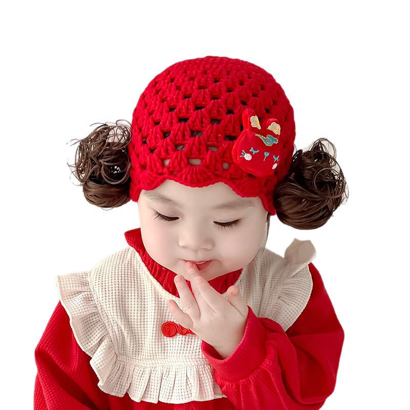Adorable Knitted Baby Girl Hat with Rabbit Design Wig
