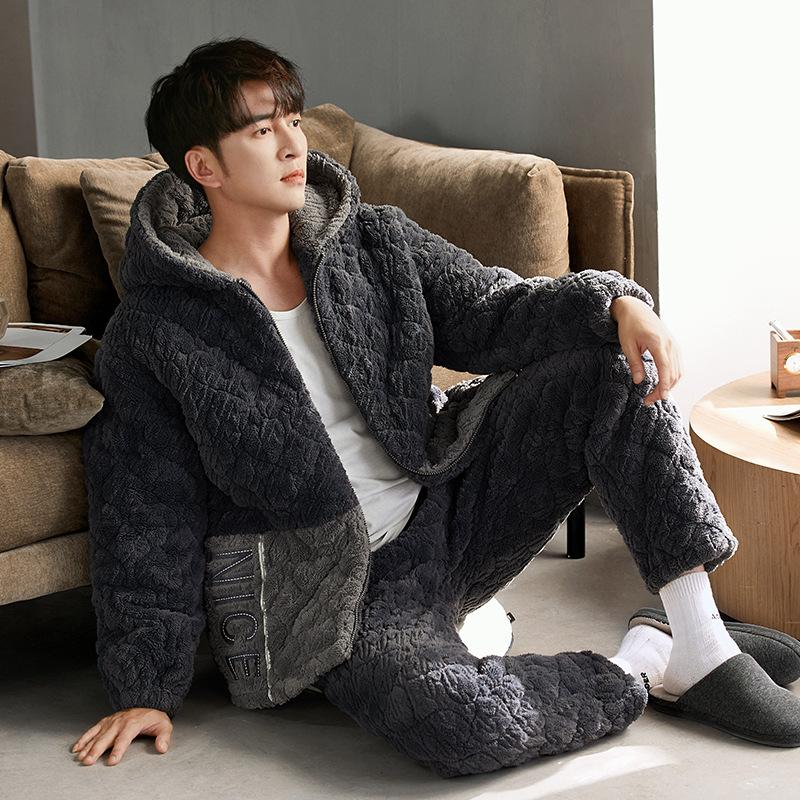 Coral Fleece Pajamas Men'S Winter Thickened Fleece Warm Men'S Autumn And Winter Three-Layer Cotton-Padded Loungewear
