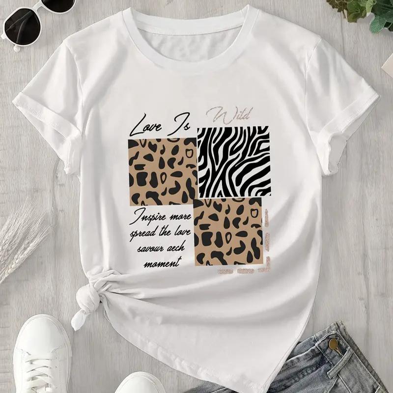 

Women Summer T Shirt Retro Fashion Short Sleeve Tees Casual Leopard Print Printed Tops XS білий