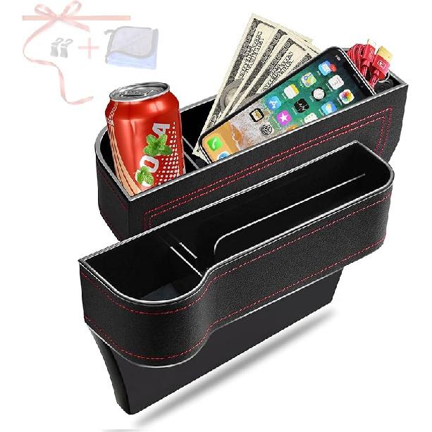 Car Seat Gap Filler Organizer, 2 Pack Multifunctional Car Seat Organizer, Auto Console Side Storage Box with Cup Holders 2 Seat Hooks for Drink, Car