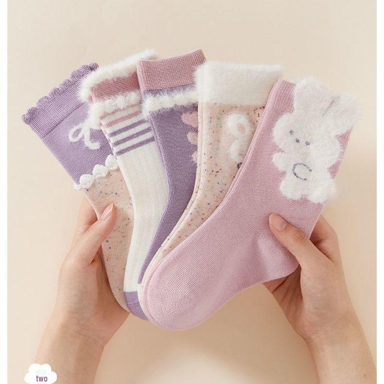 Warm Lace Princess Cotton Socks for Girls – Cute Cartoon Design, Mid-Calf, Thickened for Autumn/Winter