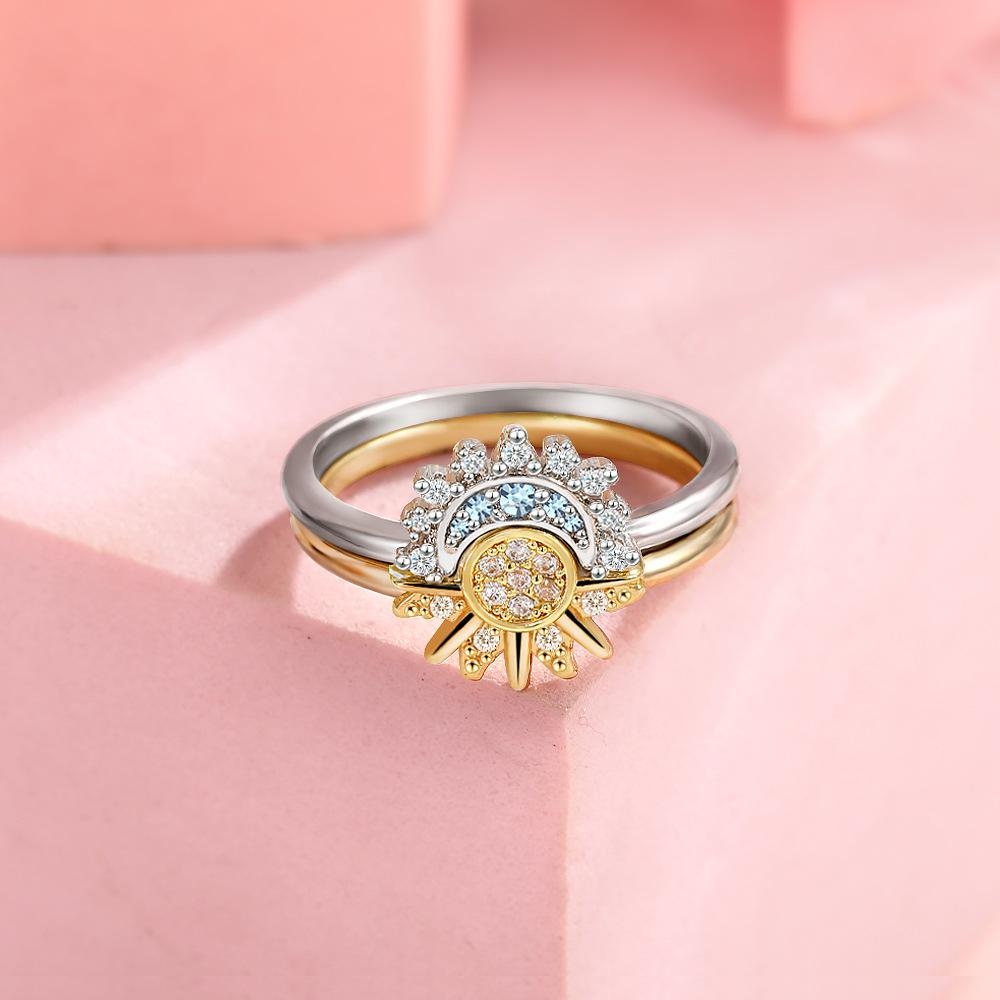 925 Silber Sonne und Mond Partnerring Set Himmelblau Funkelnde Zirkonia Ringe Versprechen Feiner Schmuck Geschenke für den Valentinstag