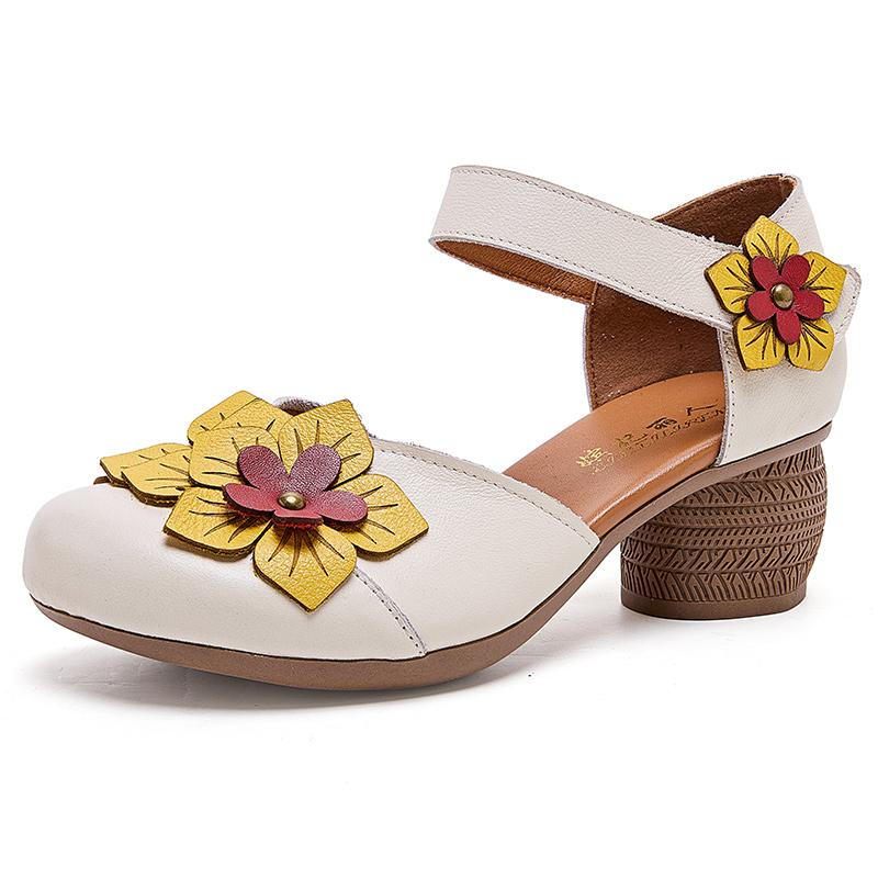 GKTINOO 2025 Ethnic Style Comfortable High Heels Women Summer Sandals Flower Genuine Leather Mom Women's Shoes Non-slip