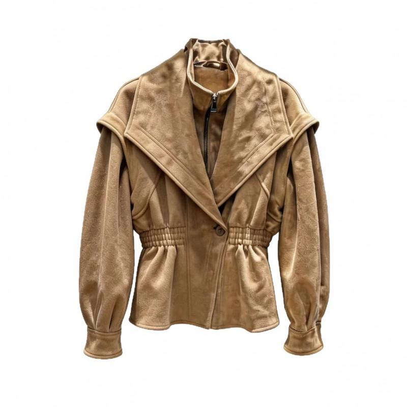Womens Suede-Feel Stand Collar Jacket With Ruched Waist Casual Layered Look Outerwear Fall