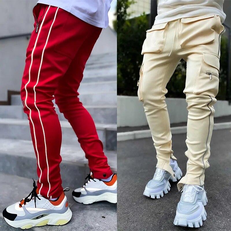 Spring and Autumn Workwear Pants Men's Fashion Brand Elastic Multi-Bag Reflective Straight Sports Fitness Casual Trousers