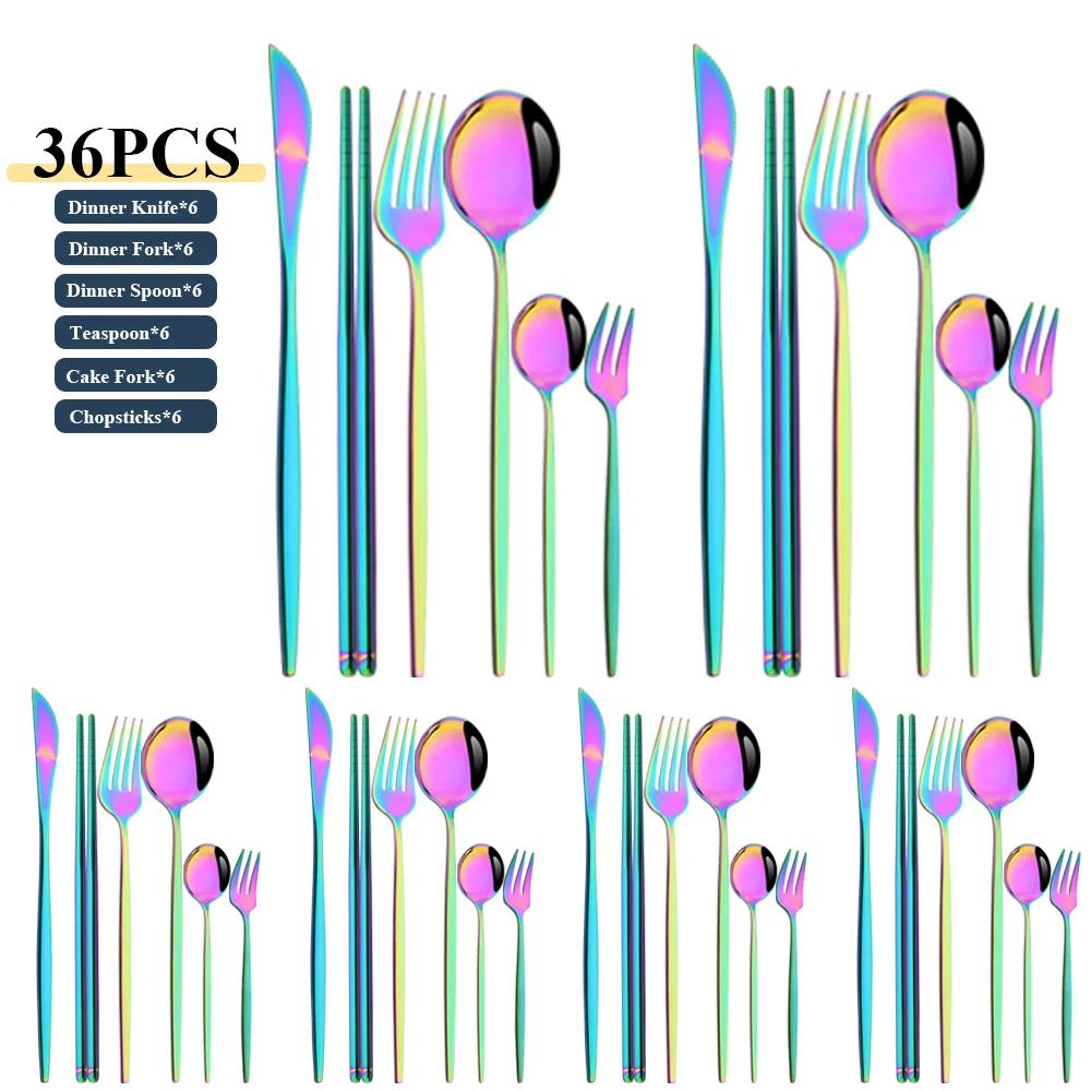 36Pcs Stainless Steel Dinner Black Silver Dinnerware Set Knife Fruit Fork Spoon Cutlery Set Kitchen Tableware Silverware Sets