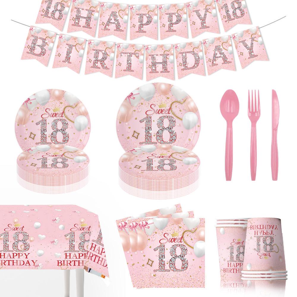 18th Birthday Pink Party Set: Plates, Cups, Napkins, Cutlery, Flags.