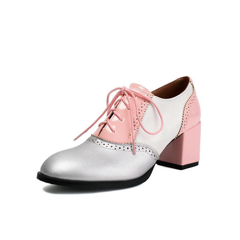 Retro britischer Stil Damen Einzelschuhe Farbabstimmung Brock dicker Absatz hoher Absatz Schnürung vorne Freizeitschuhe hoher Absatz Damen Einzelschuhe