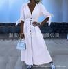 New European and American women's clothing summer spot collar cardigan pure cotton solid color waist dress