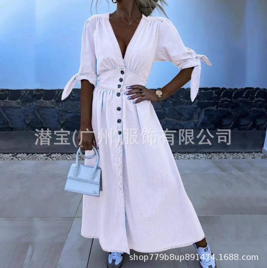 New European and American women's clothing summer spot collar cardigan pure cotton solid color waist dress