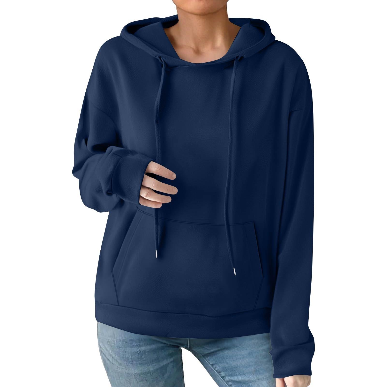 Women s Fashion Casual Color Pocket Long Sleeve Hoodie S тёмно-синий