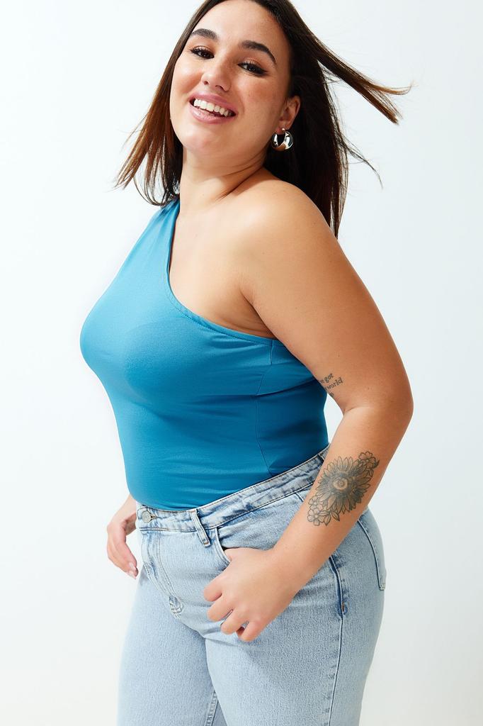 Women's Style Plus Size Cinnamon Asymmetric Collar Knitted Body with Snaps at the Bottom