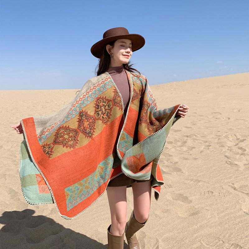 Ethnic Style Imitation Cashmere Shawl: Versatile Travel-Friendly Warm Cloak, Scarf, Resort Cape Outerwear.
