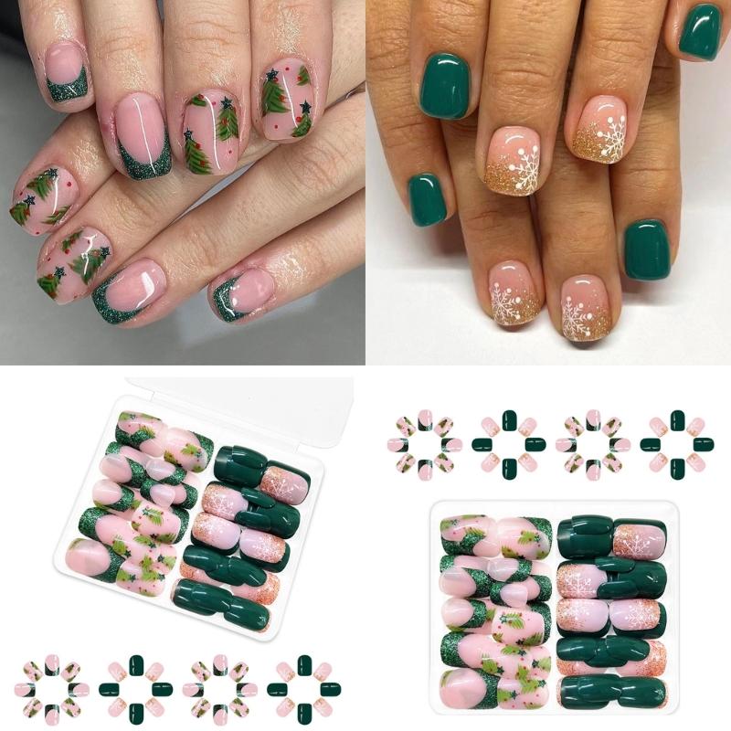 Festive Glittering Snowflake Stick On Nails Christmas Press On Nails Square Short Nail Art For Holiday Parties