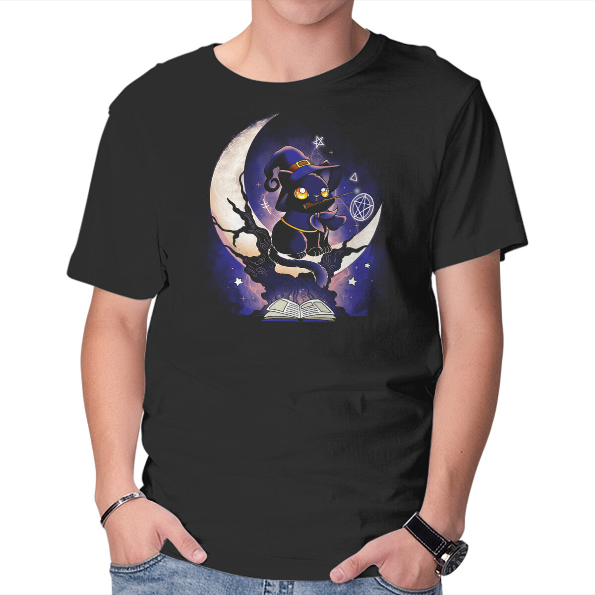 Unisex Crew Neck T-Shirt Cat Witch Graphic Short Sleeve Casual Tee XXXL