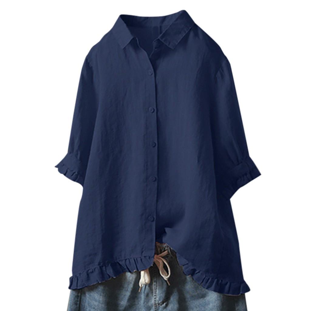 Women's Cotton And Linen Shirt Solid Color Lapel Button Up Shirt Upper Hem Short Sleeve Loose and Casual Top Autumn Streetwear