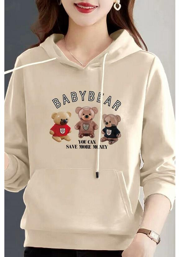 Women's Pure Cotton Bear Print Hooded Pullover Sweatshirt, Long Sleeve, Niche Design, New Spring & Autumn Style