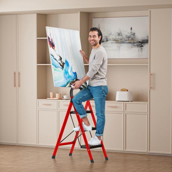 Step Ladder, 3 Step Ladder Folding Step Stool, Multi-Purpose Collapsible Ladder for Home or RV Outdoor Work, Heavy Duty 330 Lbs Load (White, Red)