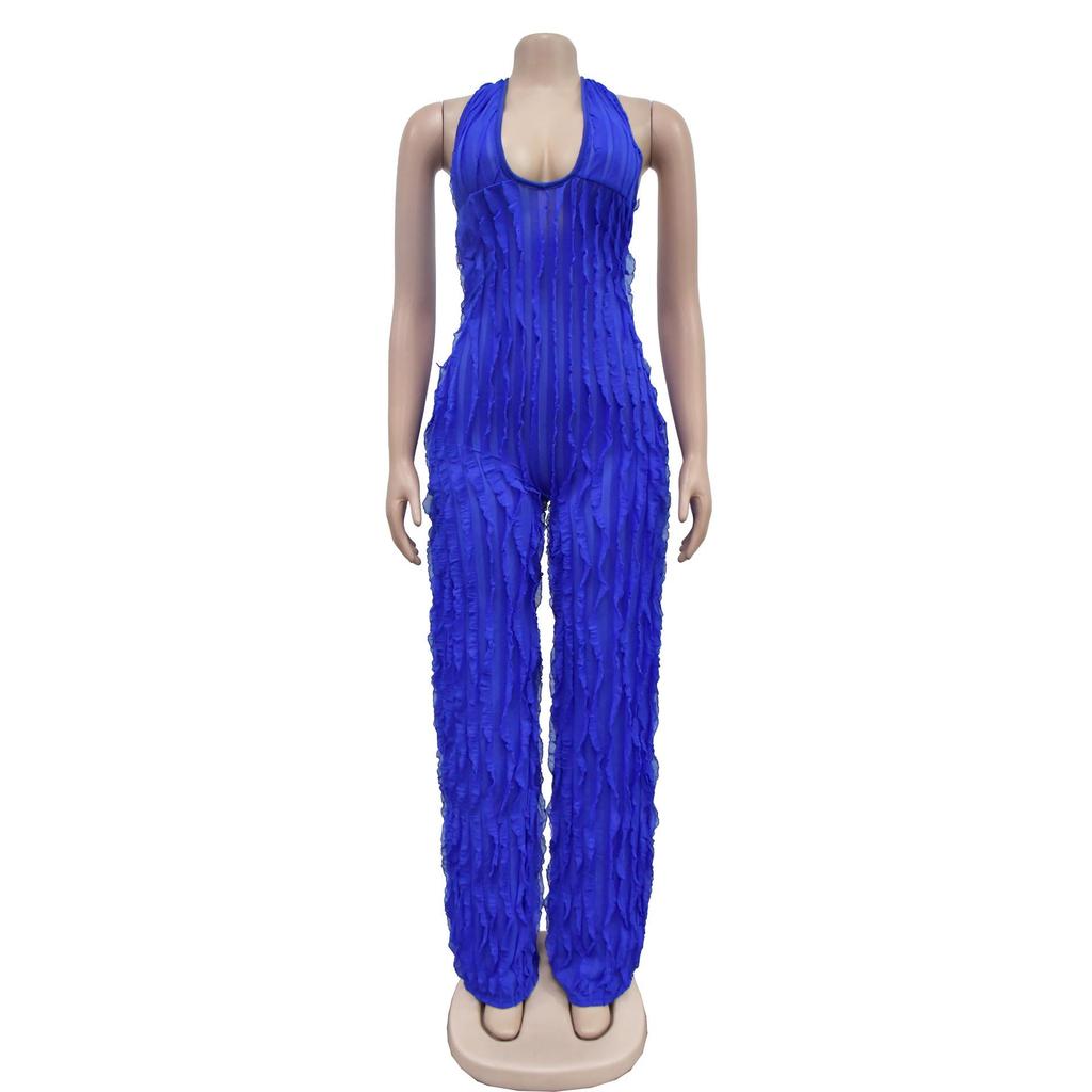 European & American Fashion Women's Solid Color Backless Deep V Pleated Halter Jumpsuit