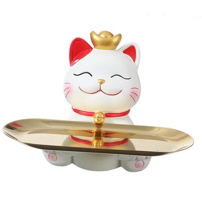 Cute Lucky Cat Statue Animal Sculpture Creative Decorative Sundries Container Modern Key Tray for Entryway Table Jewelry Tray