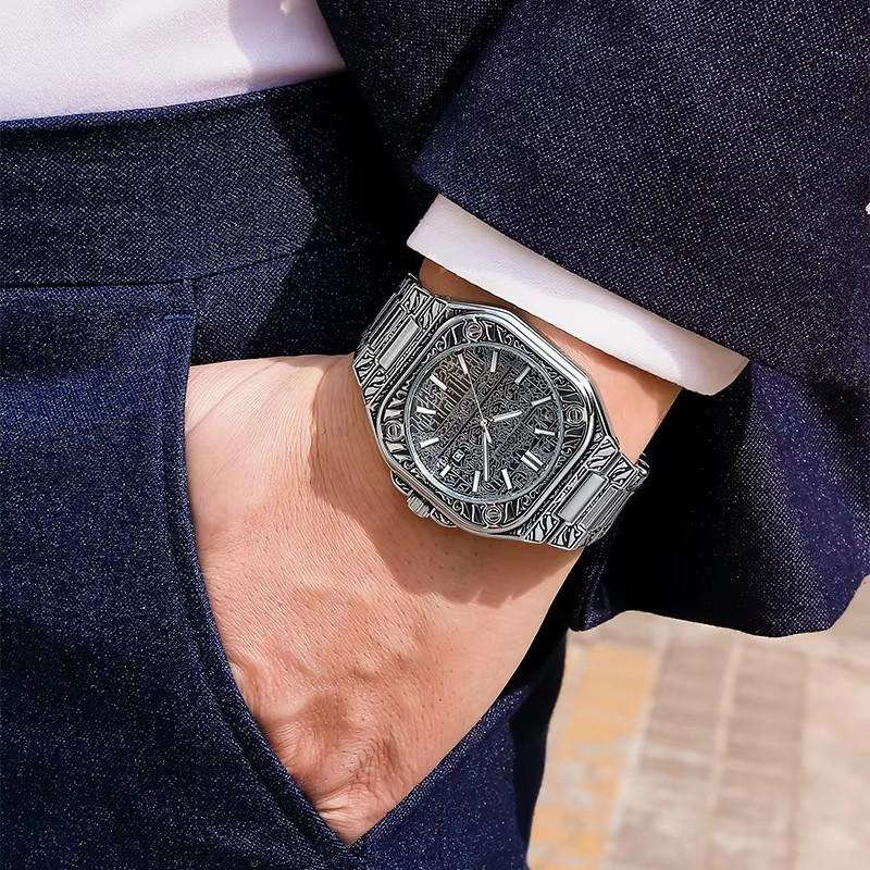 Vintage Men Quartz Watch Luxury Auto Calendar Specific Lines Stainless Steel Strap Wristwatch For Mans Analog