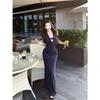 French Floral Dress Summer New Neck Blue Long Dress Seaside Beach Vacation Lace Skirt